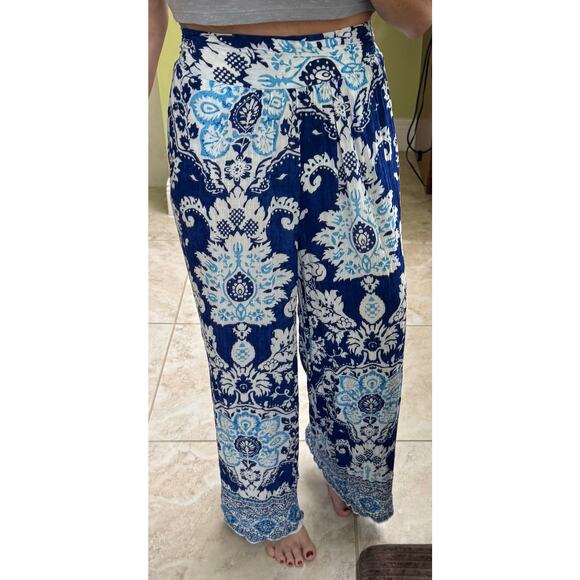 Rachel Zoe XS Floral blue palazzo pants with pockets pull on smocked back waist - Picture 3 of 4